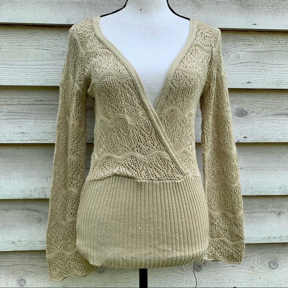 Vintage 90s Oatmeal Beige Crochet Cable Knit Long Sleeve V-Neck Pullover Sweater